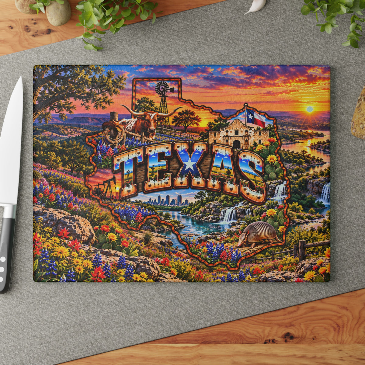 Texas Glass Cutting Board – Texas State Map, Longhorn, Alamo, Bluebonnets, Waterfalls & Sunset Kitchen Décor