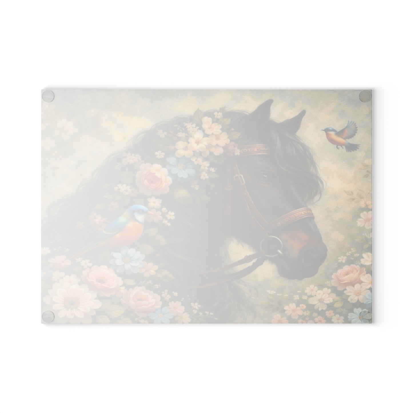 Floral Horse Glass Cutting Board – Elegant Country Farmhouse Kitchen Decor with Birds and Garden Flowers