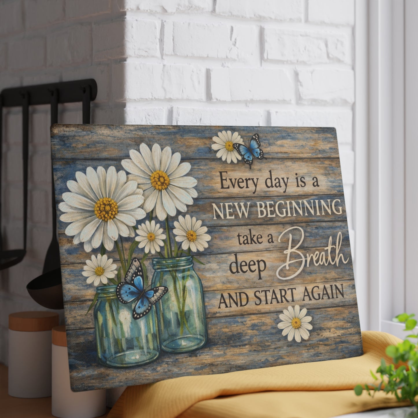 Every Day Is a New Beginning Glass Cutting Board – Daisy and Butterfly Inspirational Kitchen Art