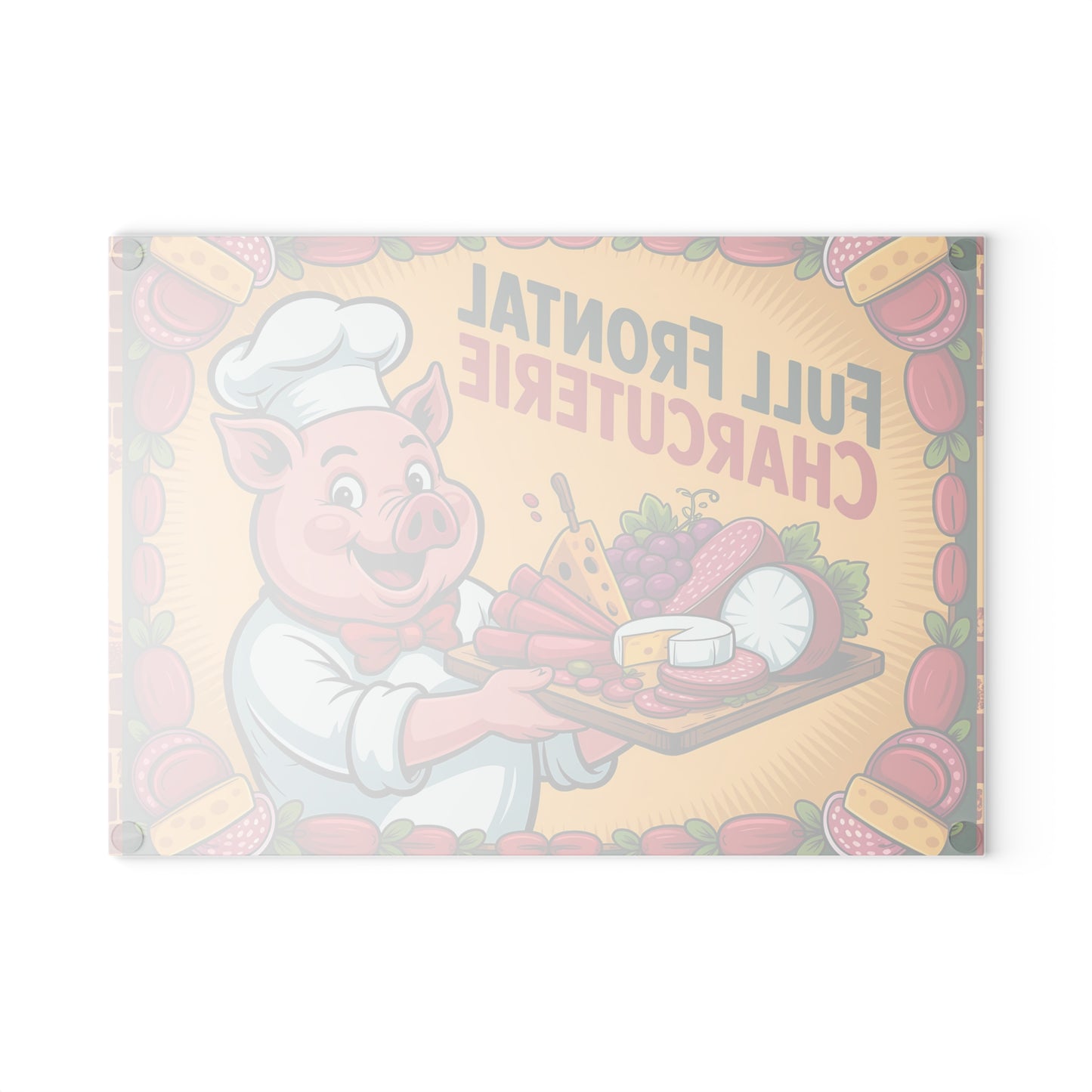 Tabla de cortar charcutería con vista frontal completa: divertida tabla de quesos y carnes del chef Pig