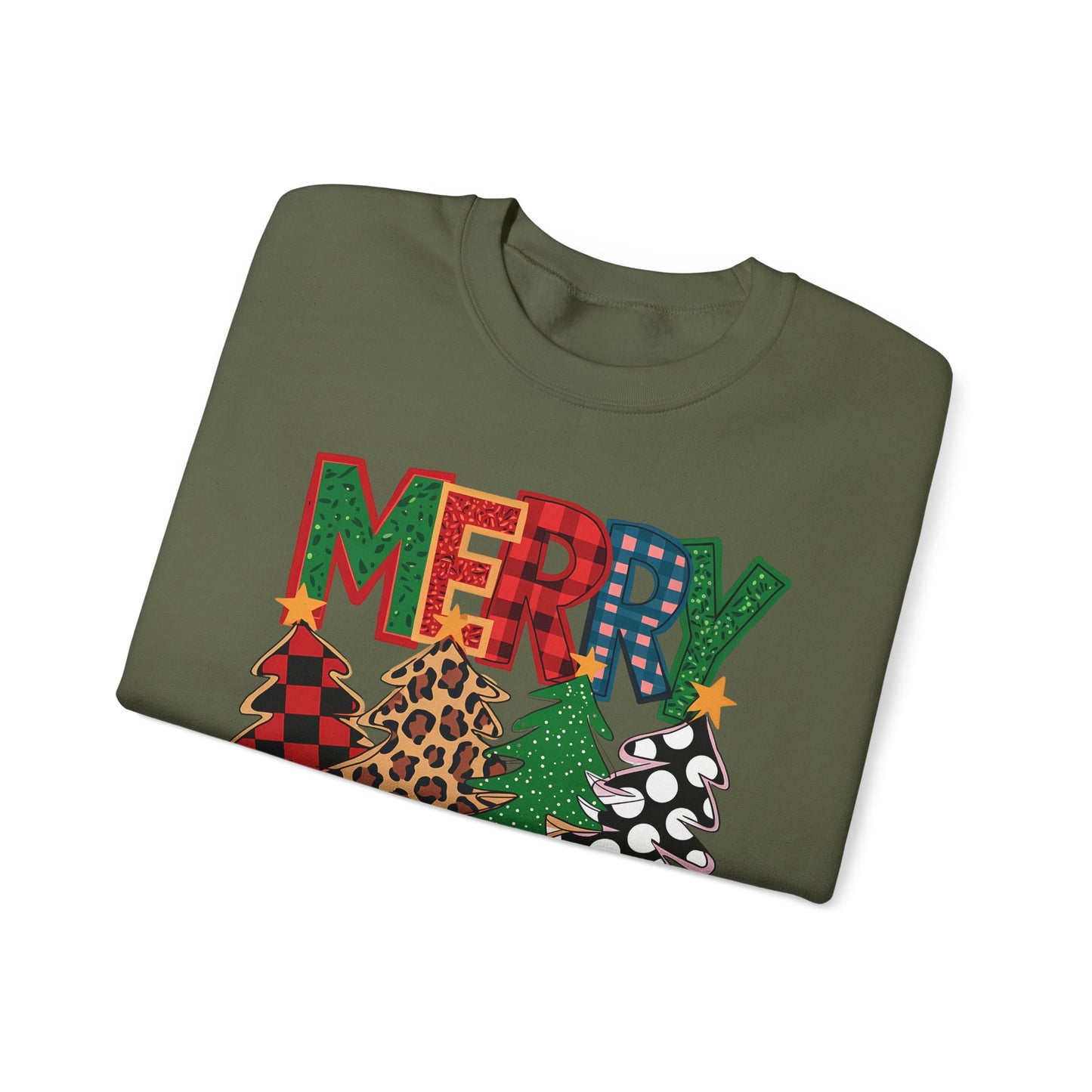🎄✨ Merry Christmas Trees Sweatshirt – Bold Patterns & Festive Cheer