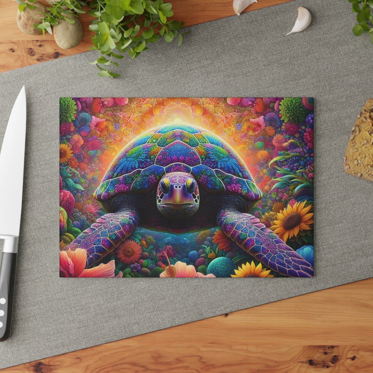 Tabla de cortar de tortuga con flores de neón: colores vibrantes, magia costera y flores artísticas