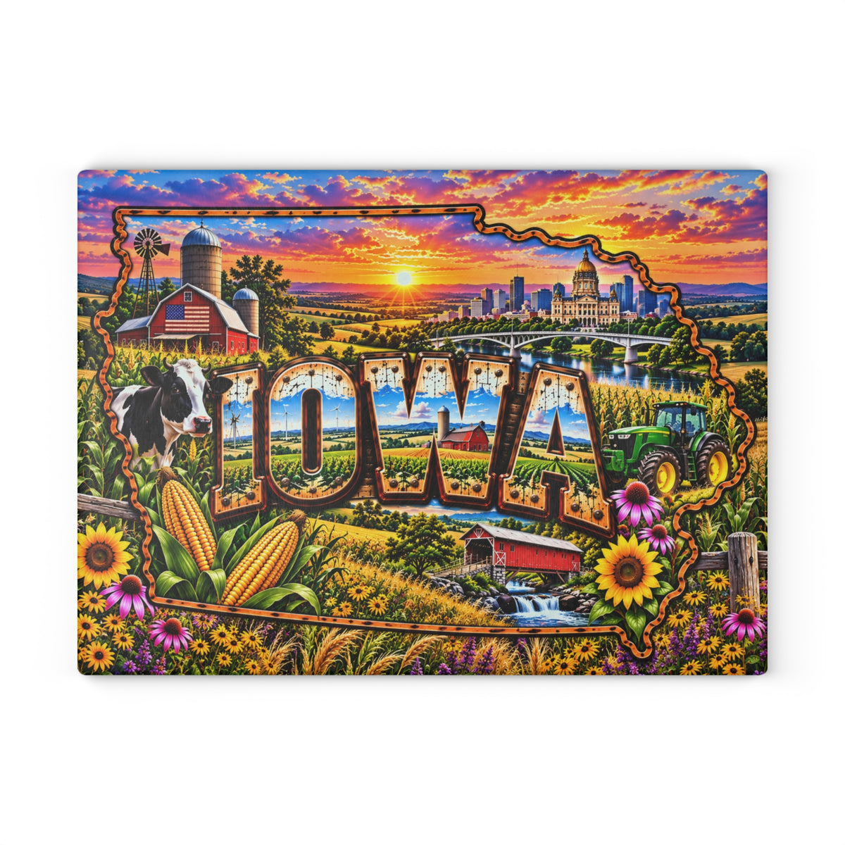 Iowa Glass Cutting Board – Iowa State Map, Farmhouse, Cornfields, Dairy Cow, Tractor & Country Sunset Kitchen Décor