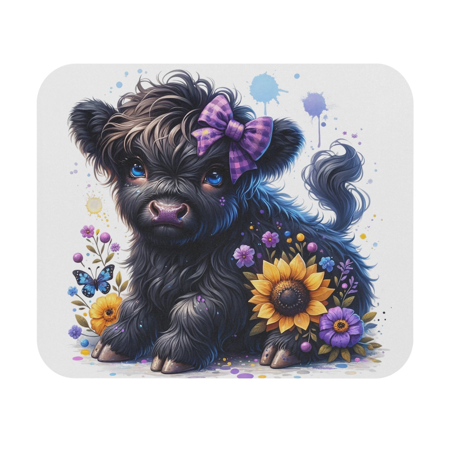 🖱️🌼🐮 Highland Calf w/ Purple Bow Mouse Pad – Playful Country Charm for Your Desk
