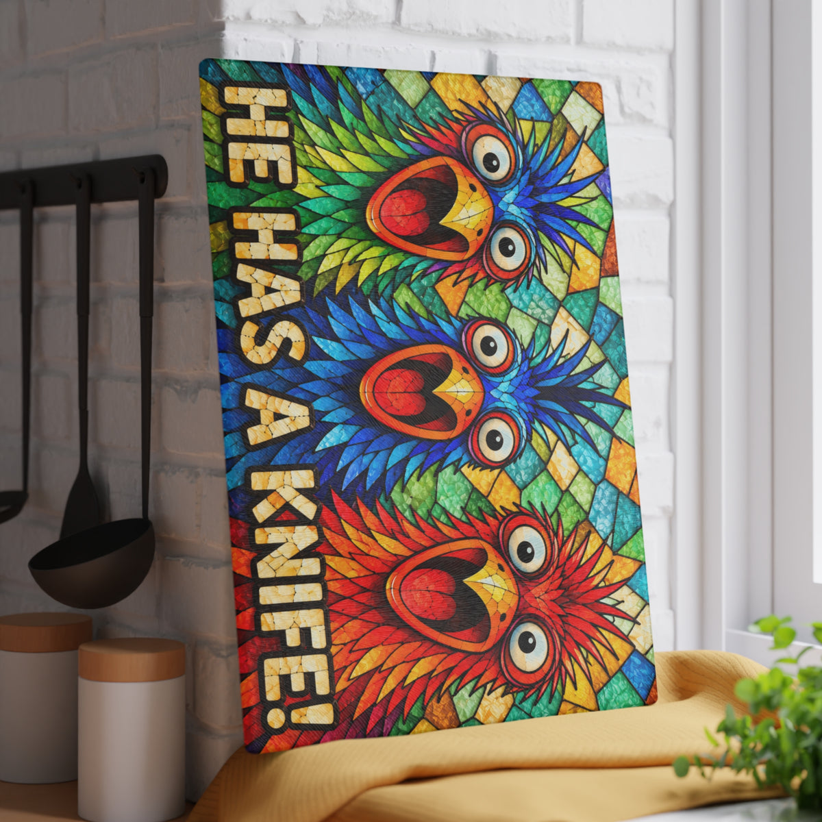 Funny Colorful Birds Stained Glass Look Glass Cutting Board – “He Has a Knife!” Kitchen Decor