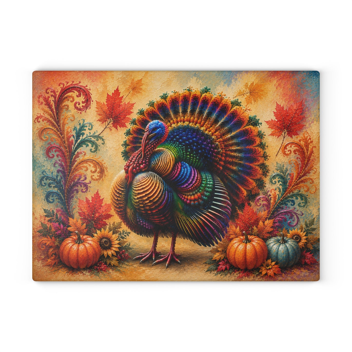 Colorful Thanksgiving Turkey Glass Cutting Board – Vibrant Autumn Pumpkin & Sunflower Kitchen Decor