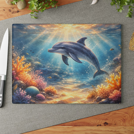 Sunlit Dolphin Glass Cutting Board – Serene Ocean Reef Artwork