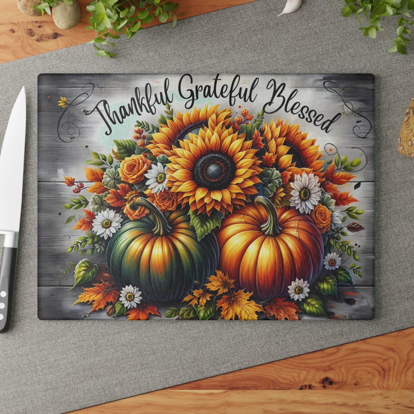 🍂🌻 “Thankful • Grateful • Blessed” Glass Cutting Board – Harvest Glow for Your Kitchen
