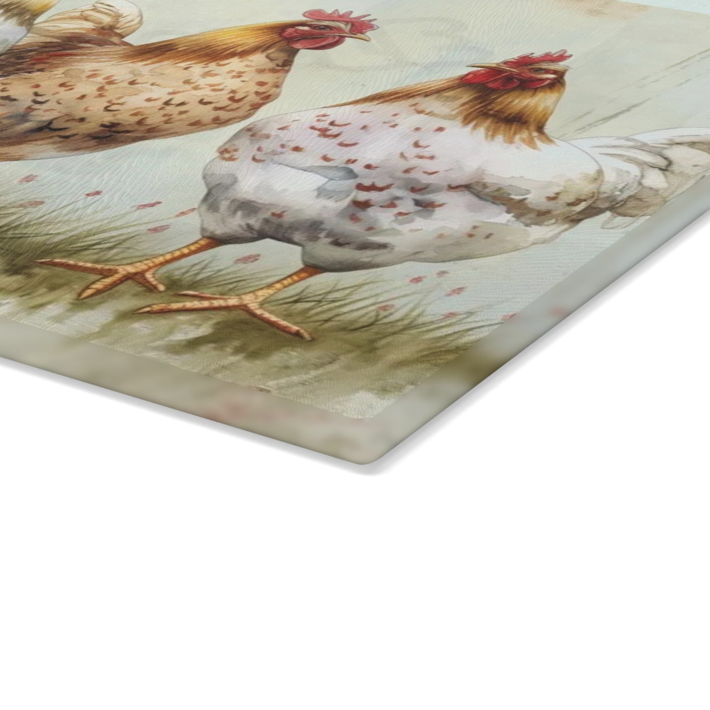 🐔🌿 “Country Hen Parade” Glass Cutting Board – Classic Farmhouse Charm