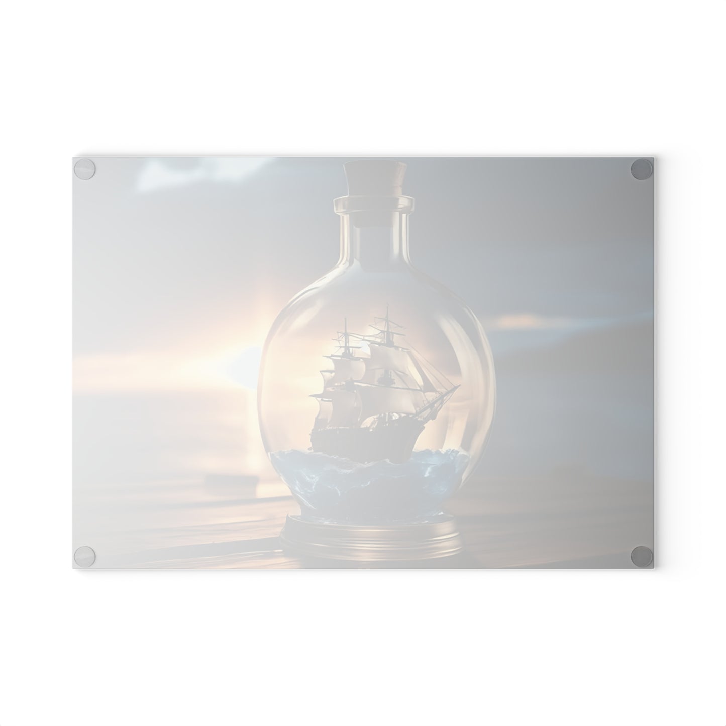 Tabla de cortar de vidrio templado con un barco antiguo en una botella: diseño de atardecer náutico