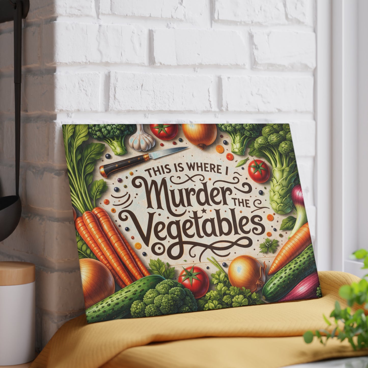 This Is Where I Murder the Vegetables Glass Cutting Board – Funny Kitchen Typography with Fresh Produce Art