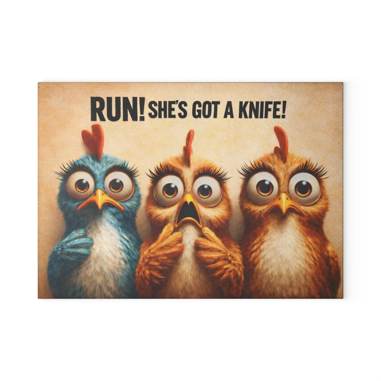 RUN! She’s Got a Knife Glass Cutting Board – Wide-Eyed Chicken Panic Farmhouse Artwork