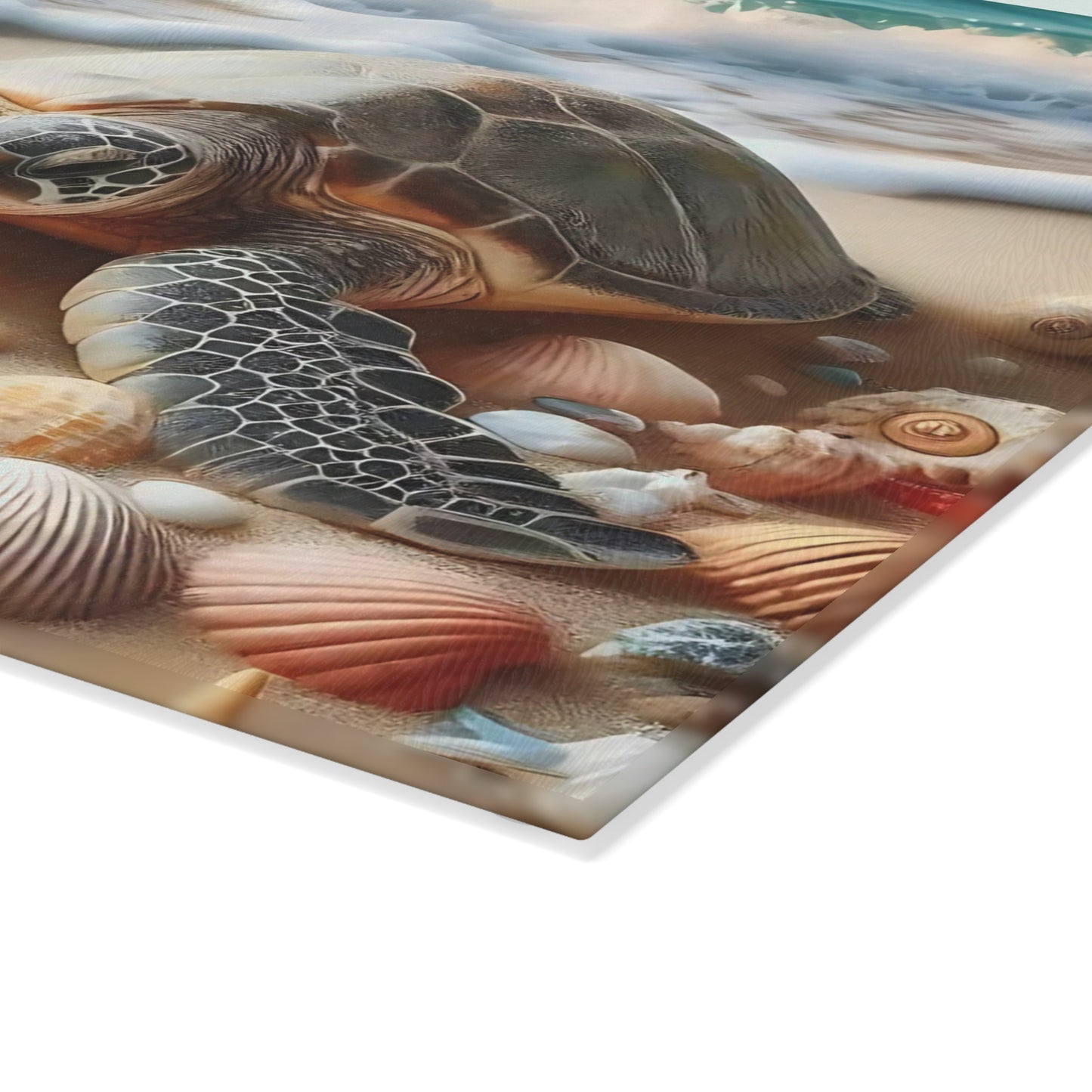Tabla de cortar de vidrio costera con diseño de tortuga marina y conchas: arte inspirado en el océano para cocinas de playa