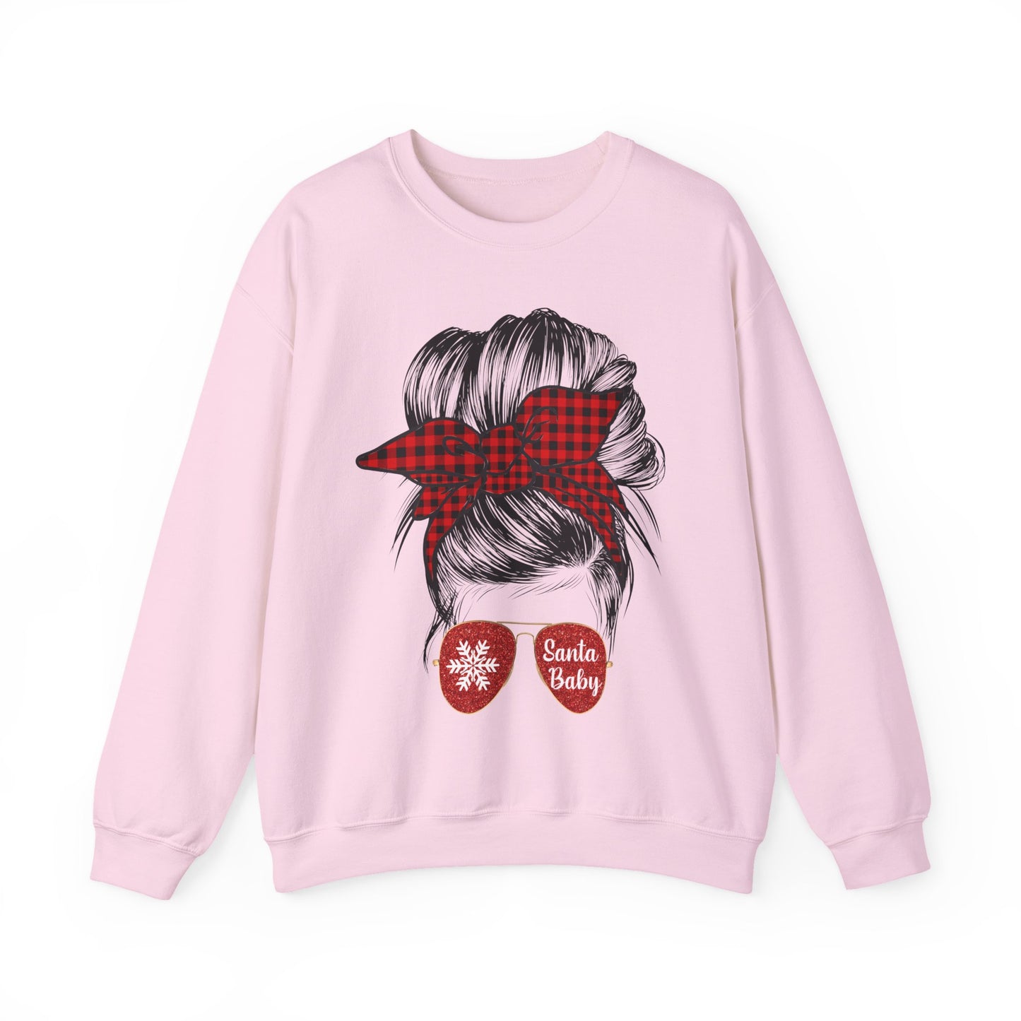 🎅✨ Santa Baby Buffalo Plaid Hair Bun Sweatshirt – Festive Holiday Vibes ❤️🖤