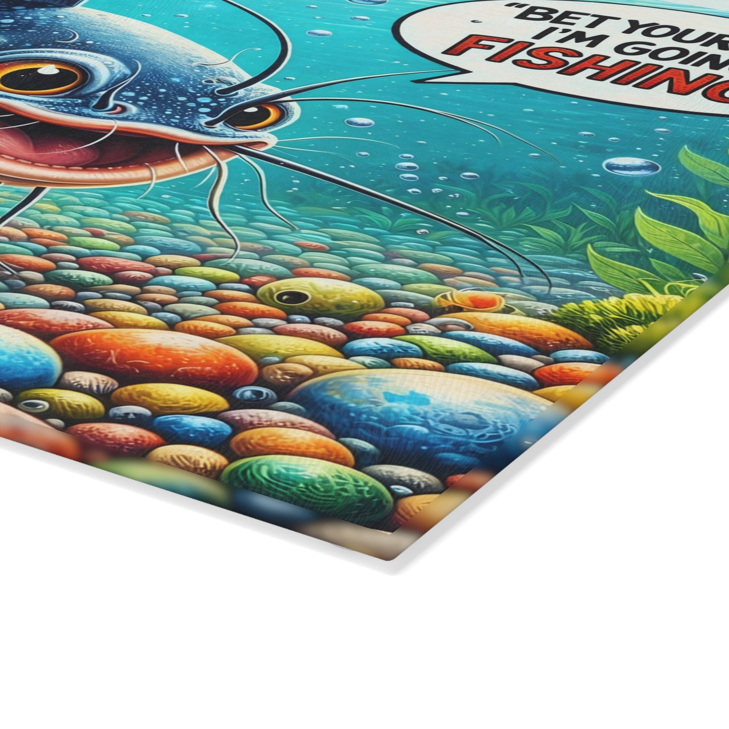 Bet Your Bait I’m Going Fishing Glass Cutting Board – Funny Fishing Kitchen Art with Colorful Catfish Design