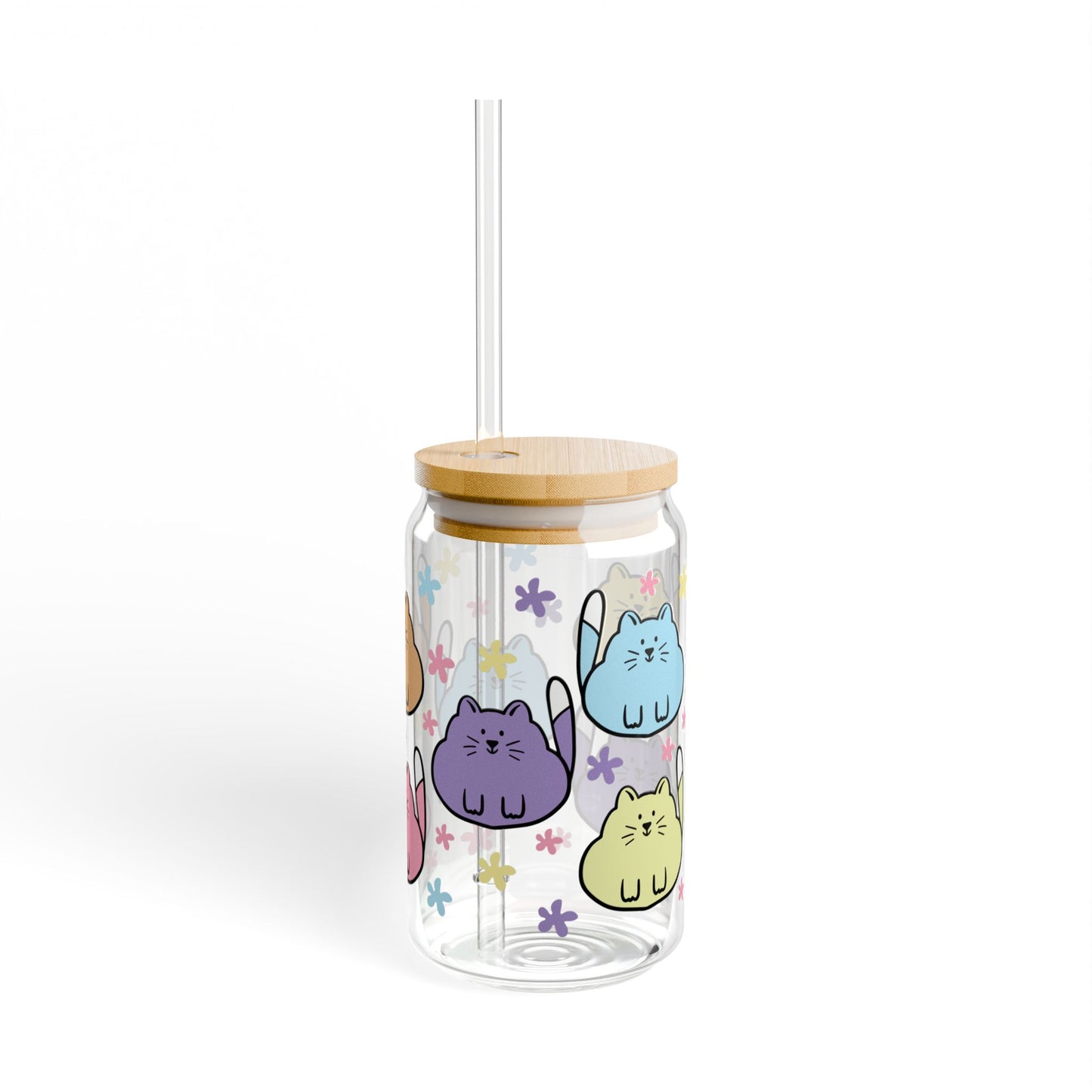 😸🌼 Colorful Cartoon Cat Sipper Glass – Whimsical 16oz Fun for Every Sip 🥤