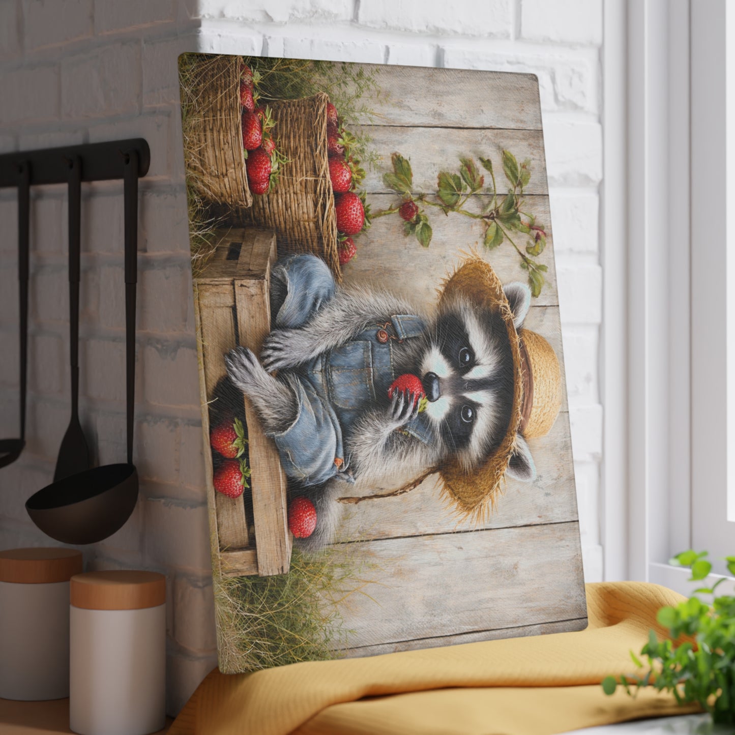 Strawberry Raccoon Farmhouse Glass Cutting Board – Cute Country Kitchen Decor