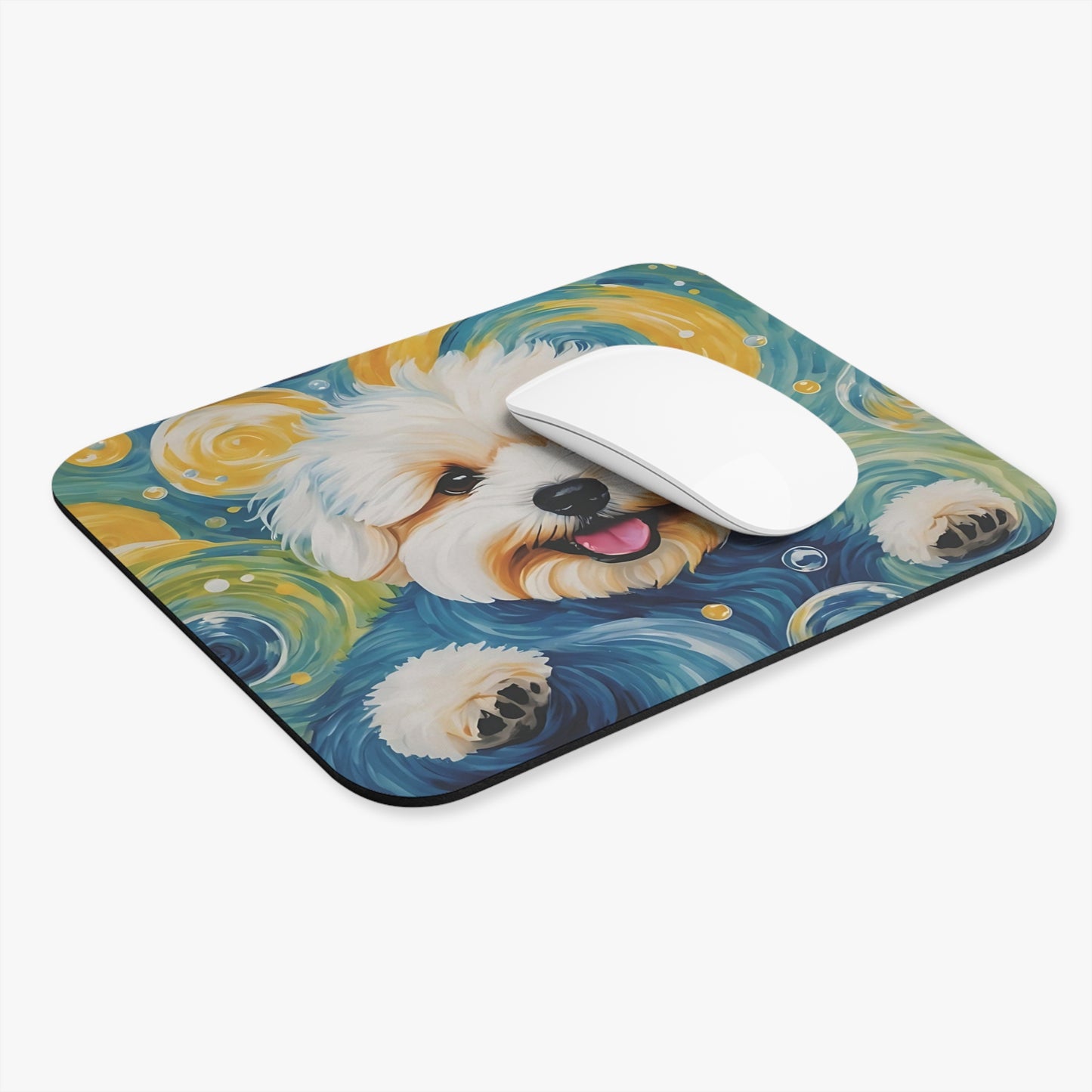 🐾 Bichón Frisé: Adorable alfombrilla de ratón blanca para amantes de las mascotas