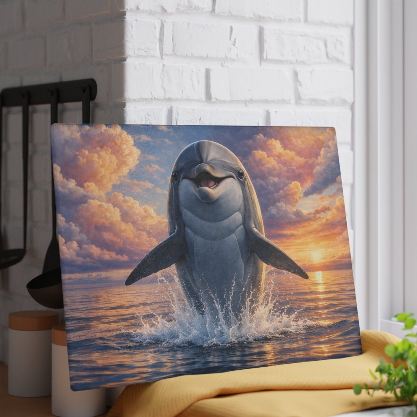 Joyful Dolphin Sunrise Glass Cutting Board – Uplifting Ocean Artwork