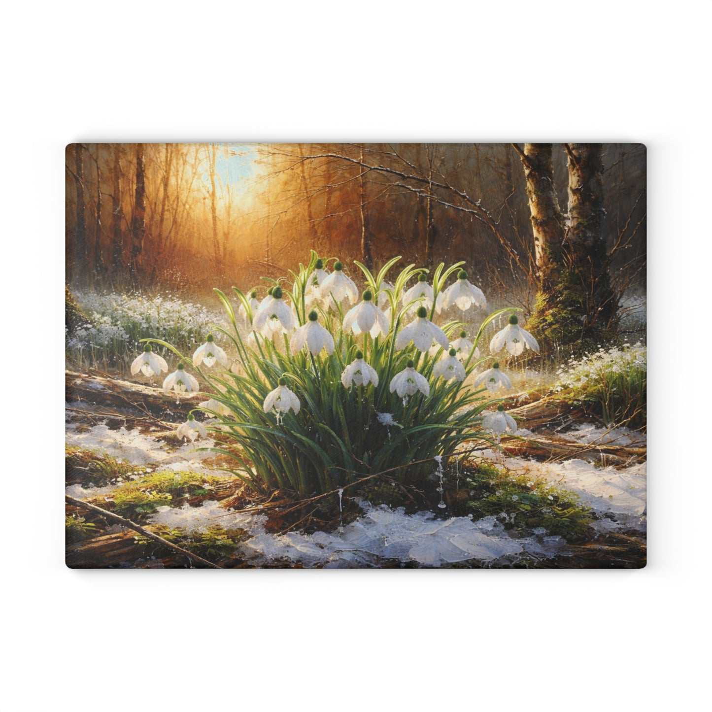 Snowdrops in Winter Forest Glass Cutting Board – Early Spring Botanical Nature Art