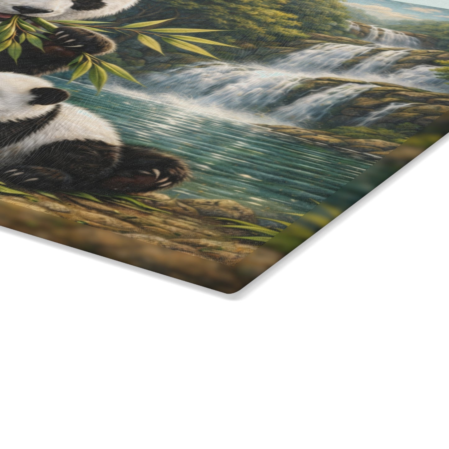Panda Family by Waterfall Glass Cutting Board – Peaceful Bamboo Forest Wildlife Artwork