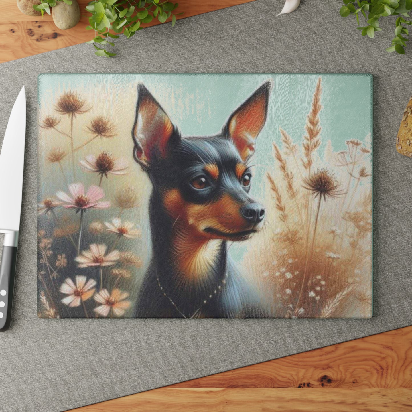 🐾 Miniature Pinscher & Meadow Blooms Cutting Board – Sophisticated Charm for Your Kitchen 🌸