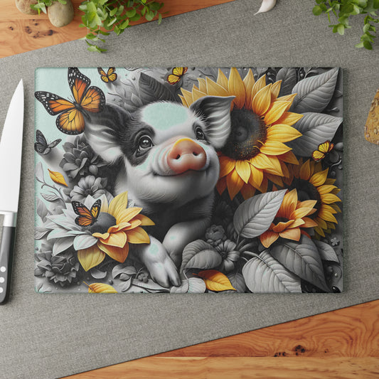 🐷 Sunflower Piglet with Butterflies Cutting Board – Farmhouse Kitchen Décor