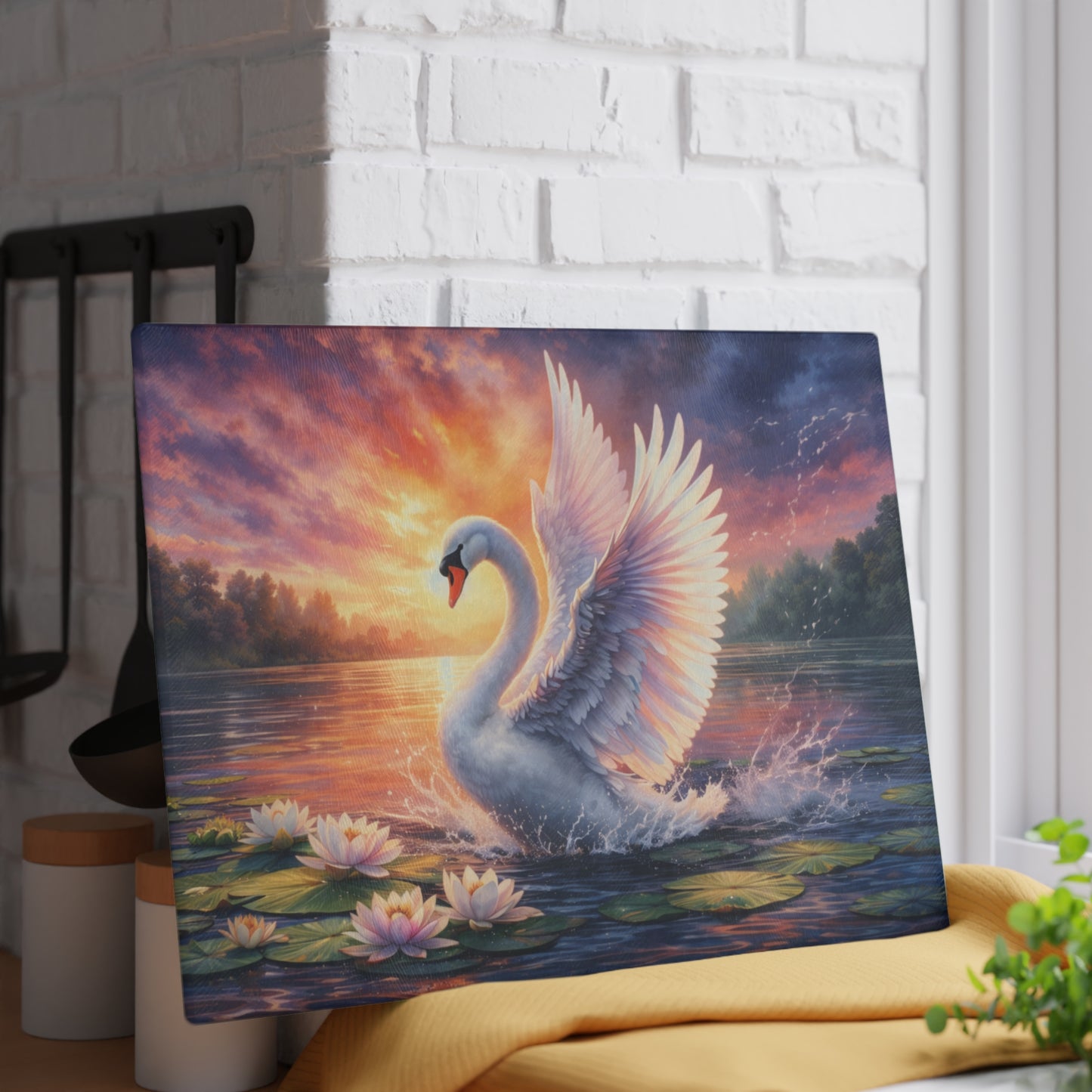Graceful Swan Sunset Glass Cutting Board – Elegant Lake Nature Kitchen Art