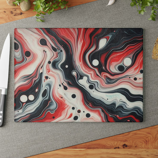 Tabla de cortar de vidrio con diseño de mármol rojo, negro y blanco: decoración de cocina moderna inspirada en el mármol, un regalo elegante y funcional.