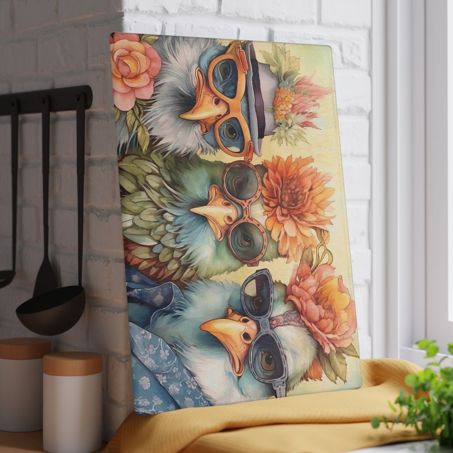 🕶️🌸 Feathered Friends Fun – Whimsical Birds Glass Cutting Board with Style and Sass 🐦