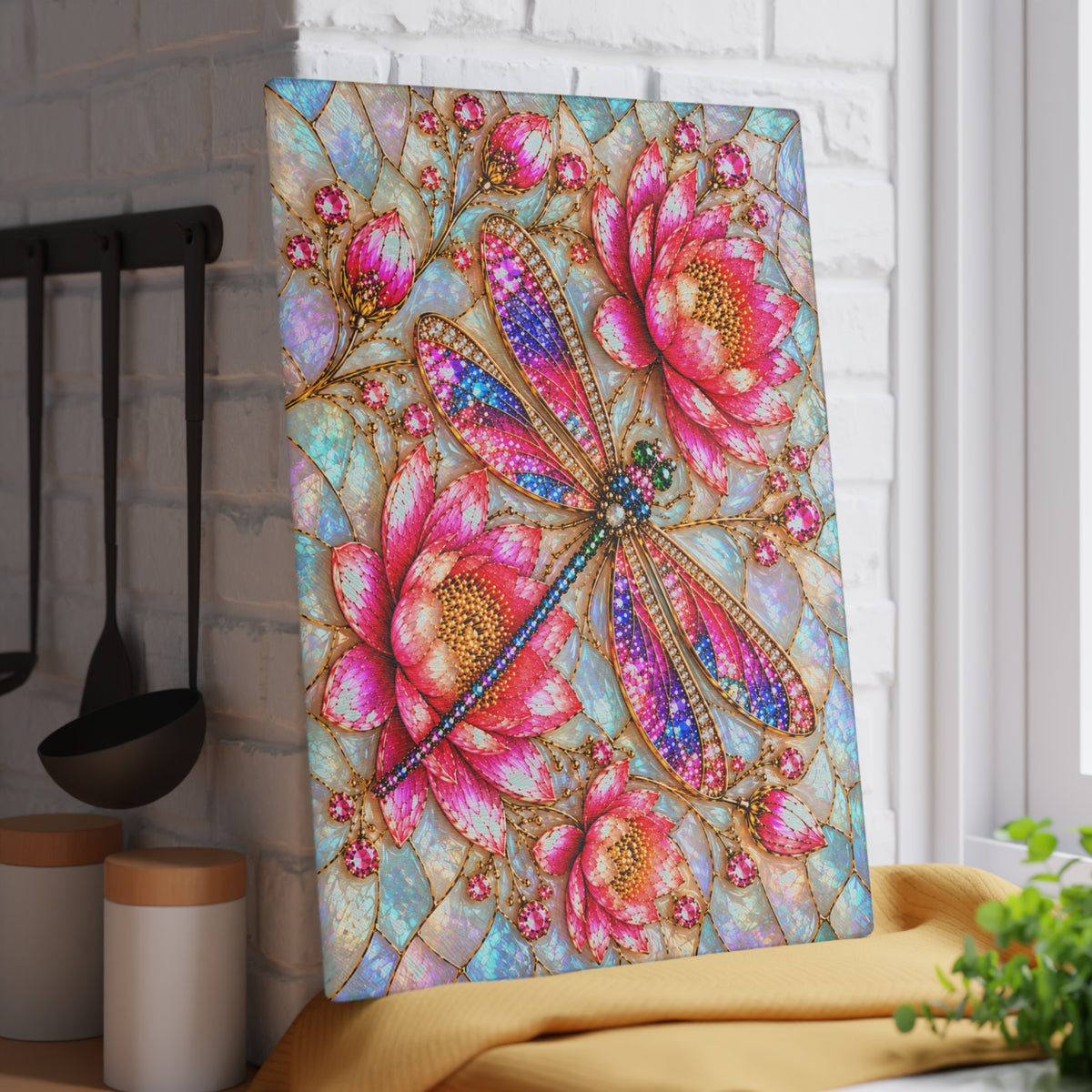 Stained-Glass-Inspired Pink Lotus & Dragonfly Cutting Board – Sparkling Rainbow Wings, Jeweled Blossoms & Iridescent Mosaic Kitchen Décor