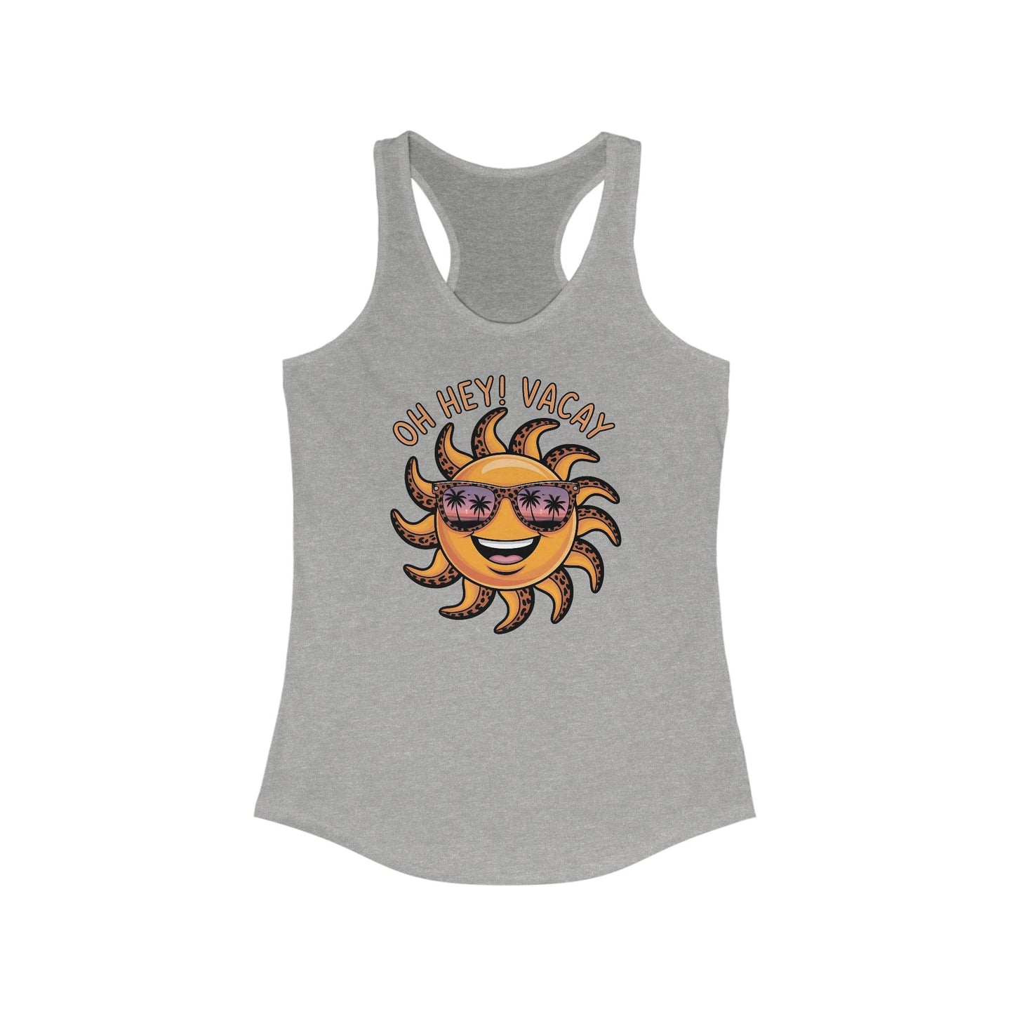 ☀️ ¡Hola! Camiseta de tirantes Vacay con espalda nadadora – Sol sonriente con gafas de sol | Camiseta de tirantes estampada de verano para mujer
