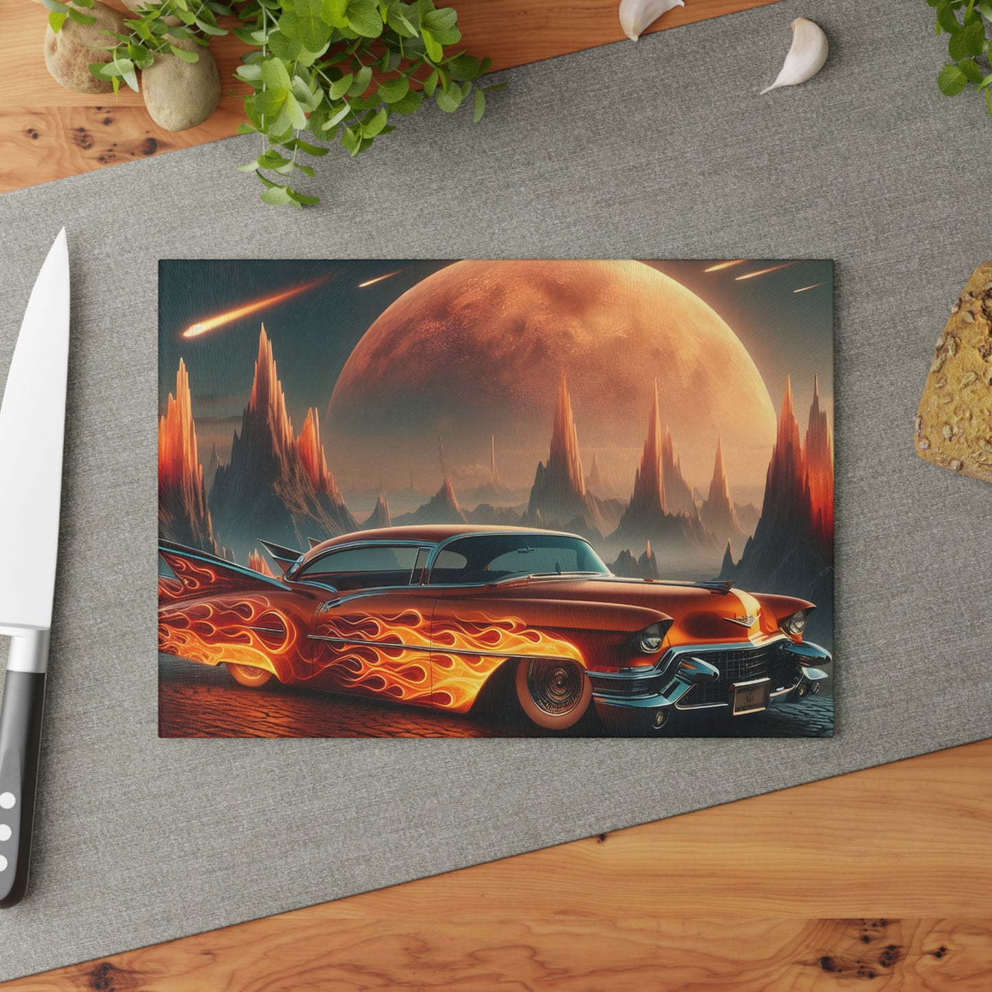 🔥 Retro Flame Classic Car Cutting Board – Bold Style for Kitchen & Garage Lovers 🚗
