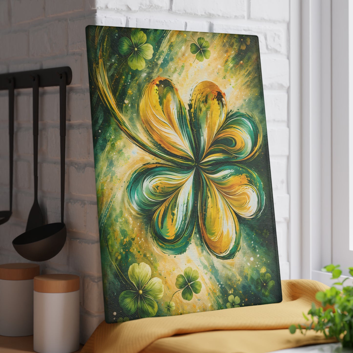 St. Patrick’s Day Clover Glass Cutting Board – Festive Green Shamrock Kitchen Accent