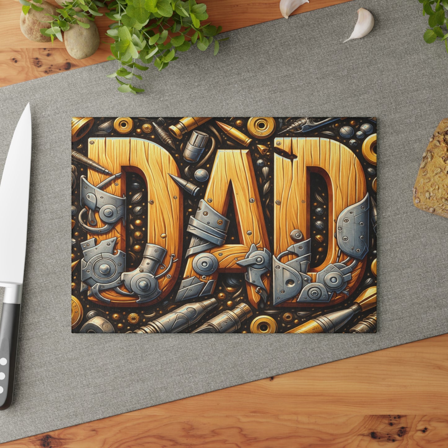 Dad Workshop Tribute Glass Cutting Board – Rustic Father’s Day Tool Art