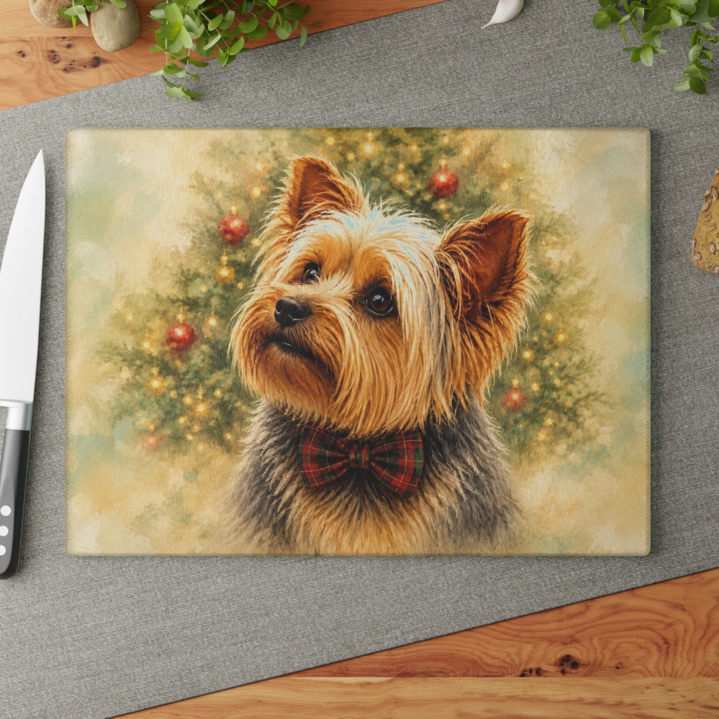 Yorkie Christmas Glass Cutting Board – Yorkshire Terrier Holiday Dog Decor with Plaid Bow Tie & Christmas Tre