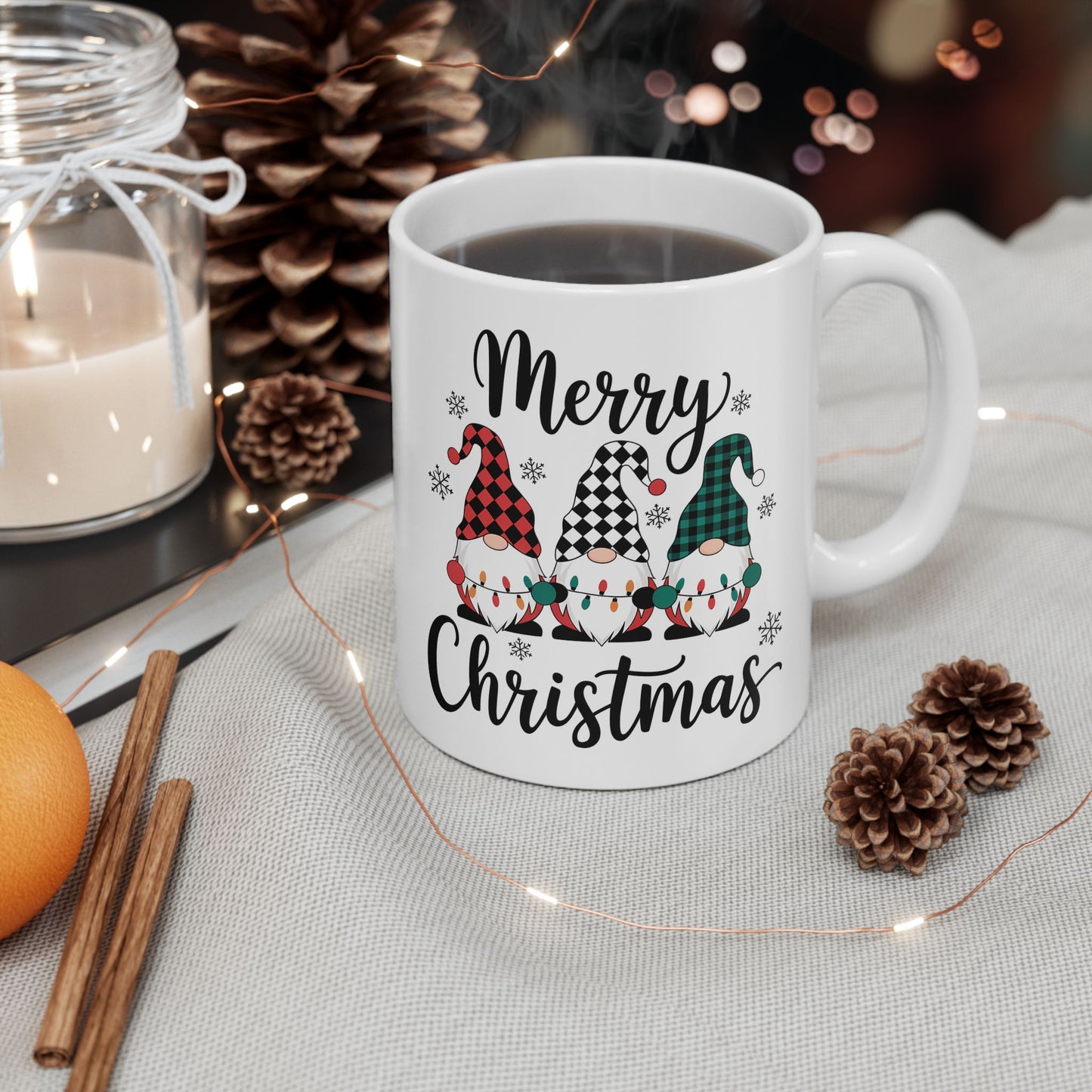 🎅🎄 Merry Christmas Gnomes – Festive Plaid Holiday Cup ✨☕