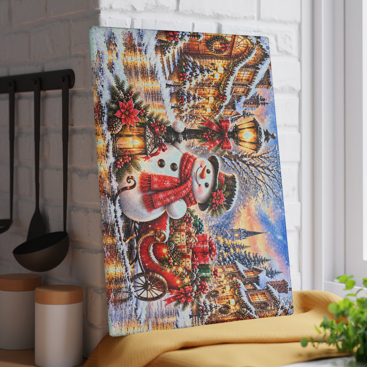 Christmas Snowman Tempered Glass Cutting Board – Vintage Christmas Village with Red Sleigh, Gifts and Lanterns – 11 × 15 Inches