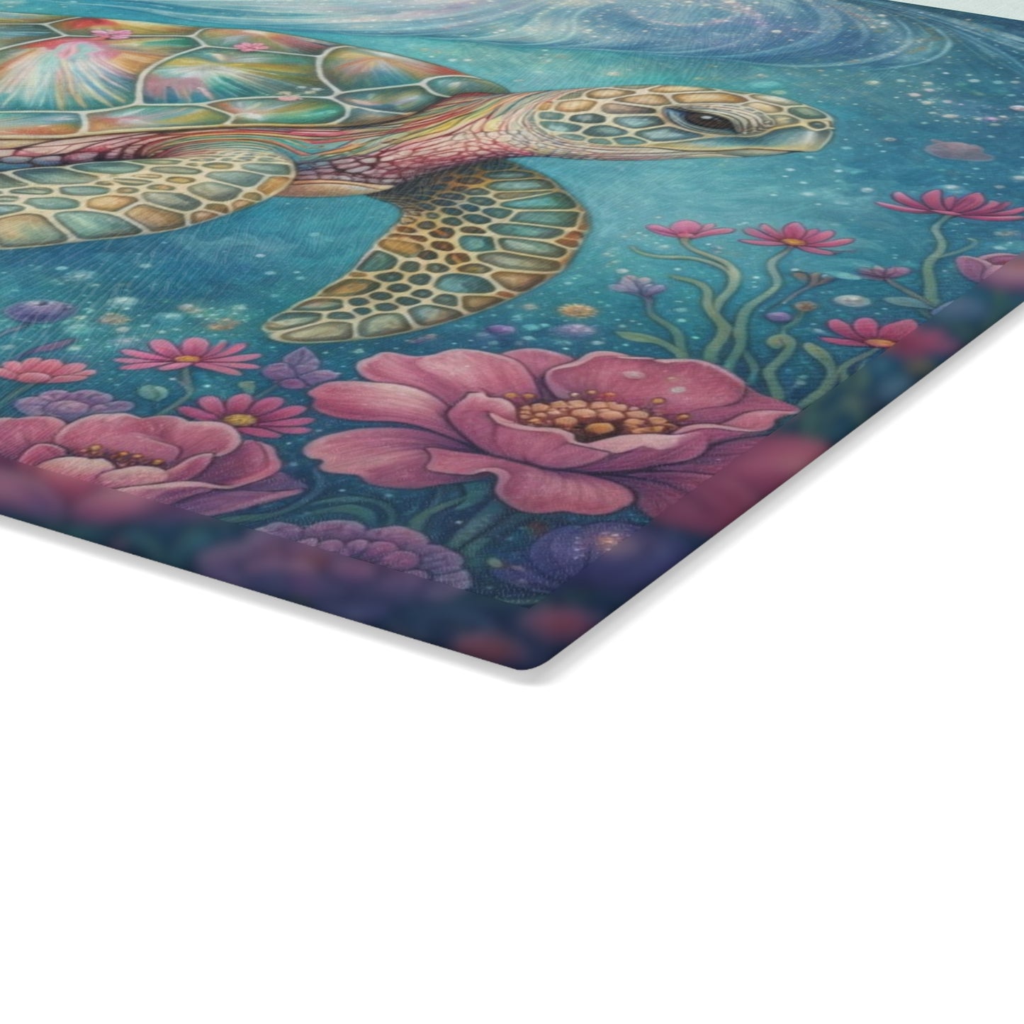 Floral Sea Turtle Glass Cutting Board – Dreamy Ocean Garden with Soft Pastel Blooms