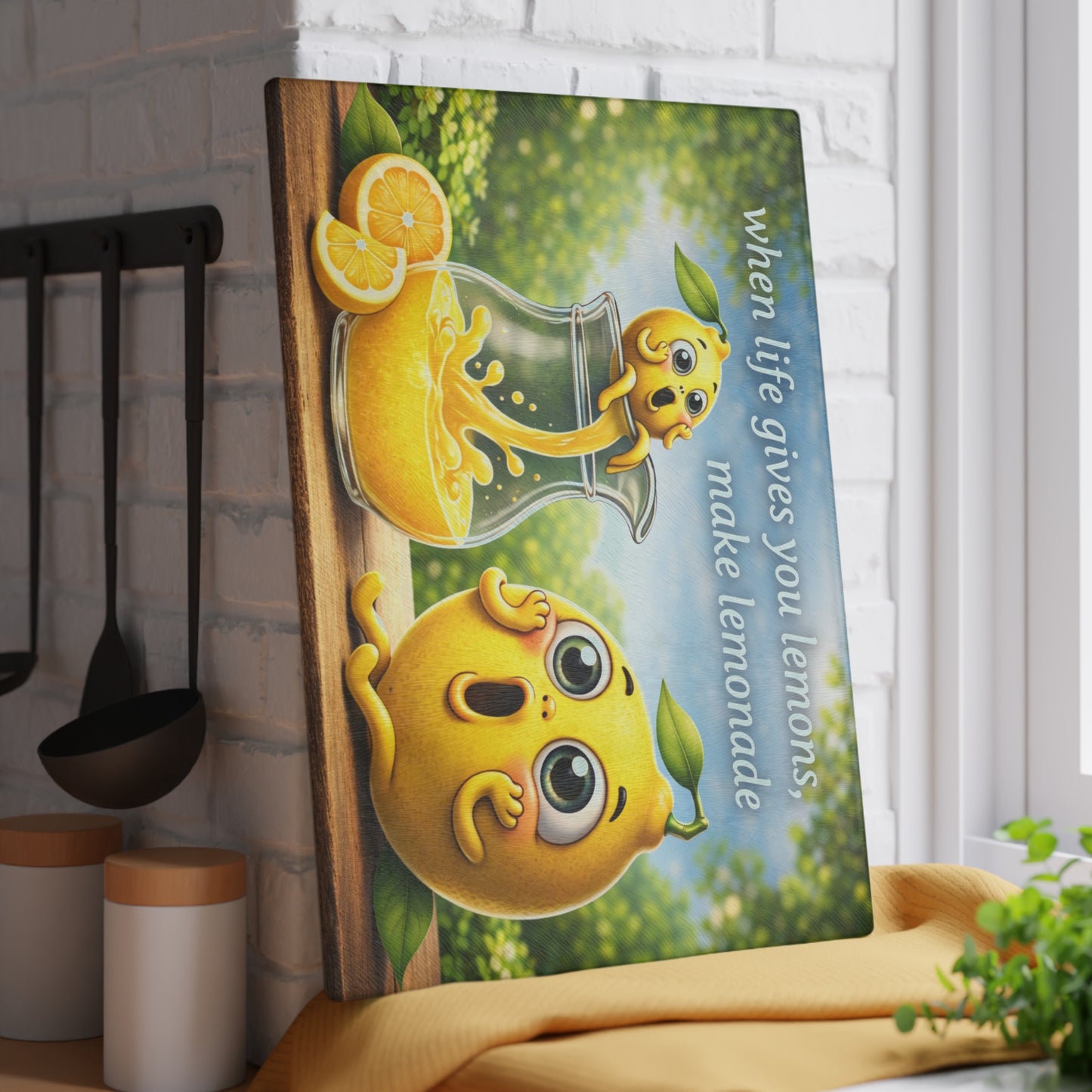 When Life Gives You Lemons Glass Cutting Board – Cute Lemonade Kitchen Art with Positive Quote