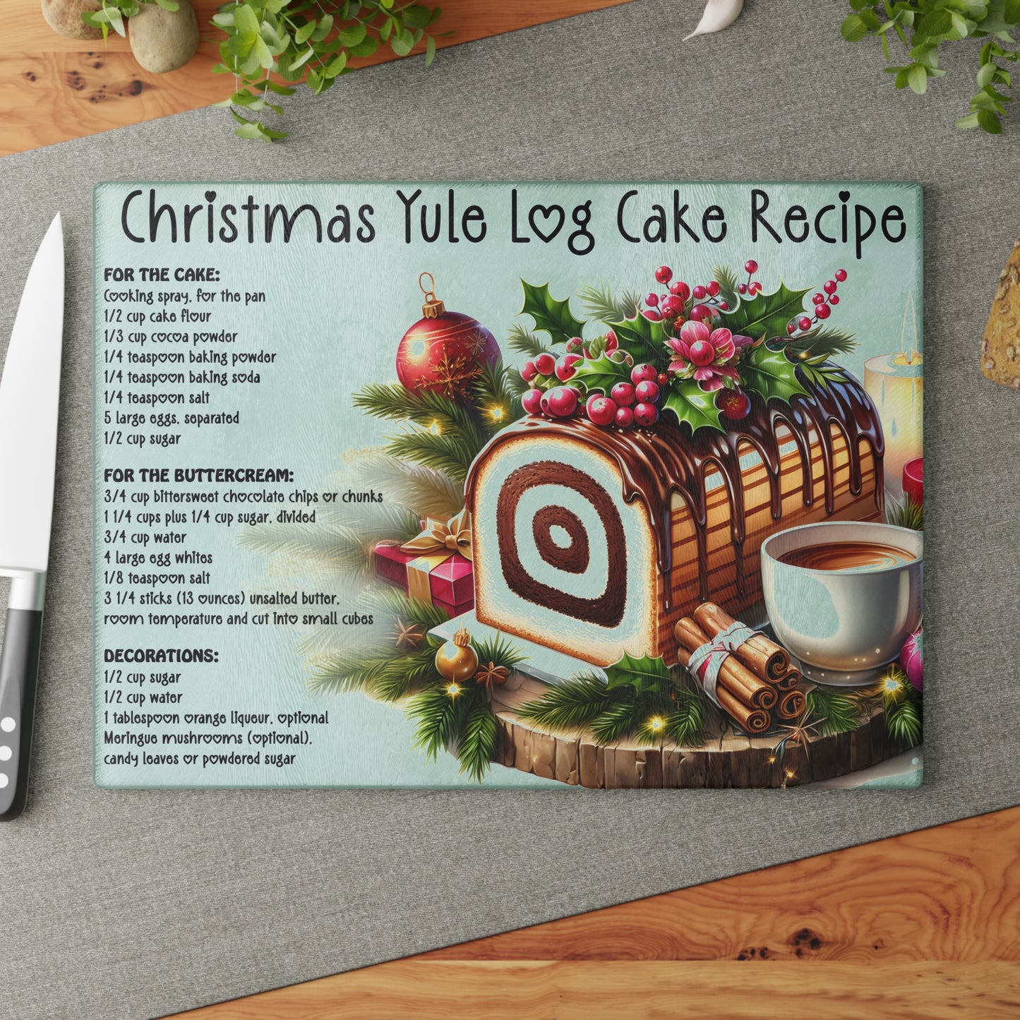 🎄🍰 Christmas Yule Log Cake Recipe Cutting Board – Festive Recipe Art for Your Holiday Kitchen