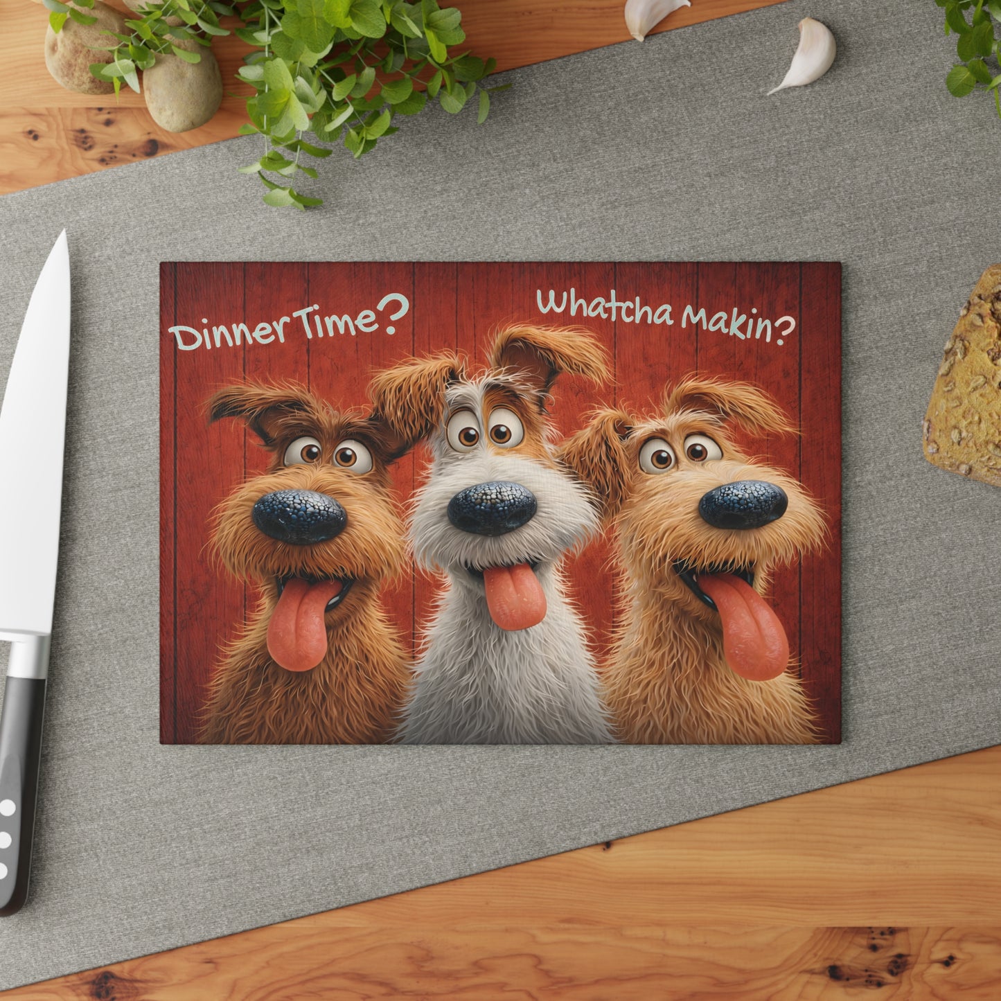 Funny Dog Glass Cutting Board – “Dinner Time? Whatcha Makin?” Playful Kitchen Decor