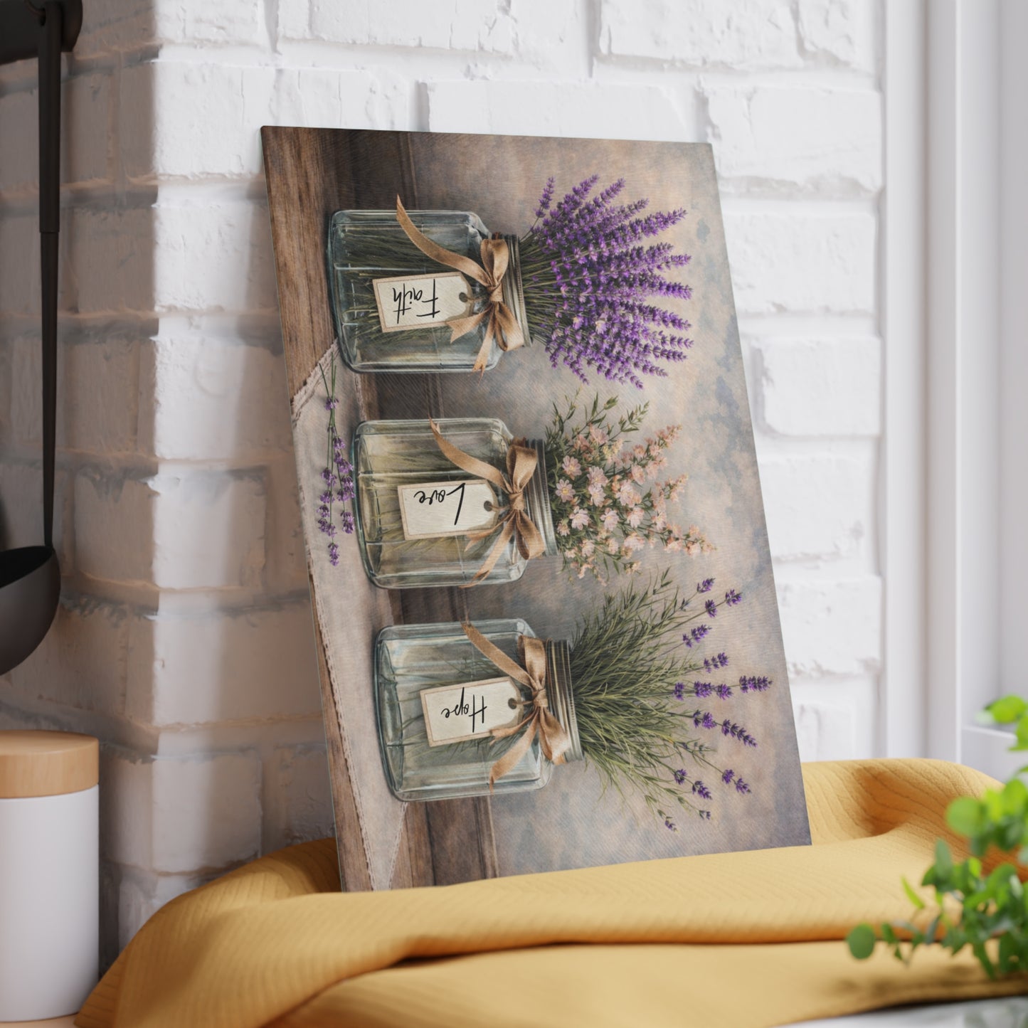 Faith Love Hope Glass Cutting Board – Rustic Mason Jar Florals with Lavender and Soft Pastels