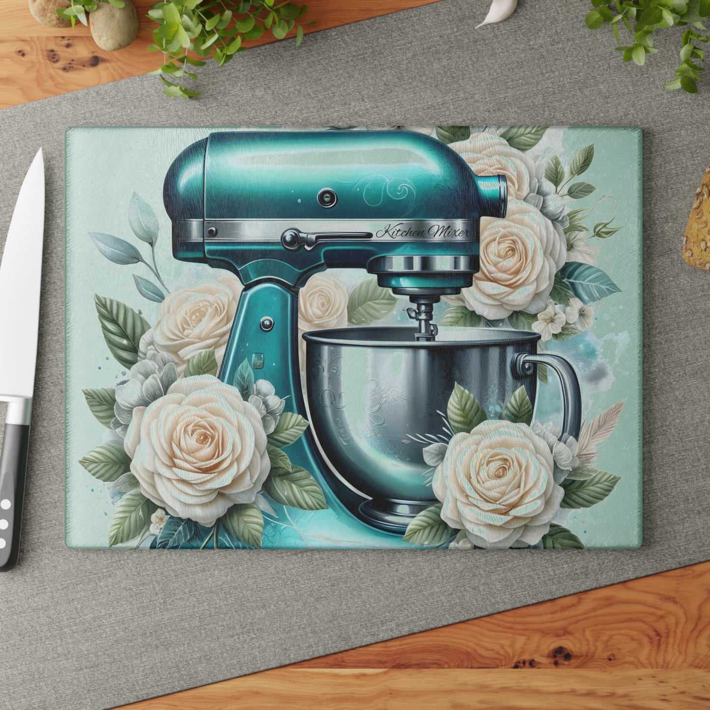 🌸 Teal Kitchen Mixer Cutting Board – Floral Elegance for Your Kitchen 🌿