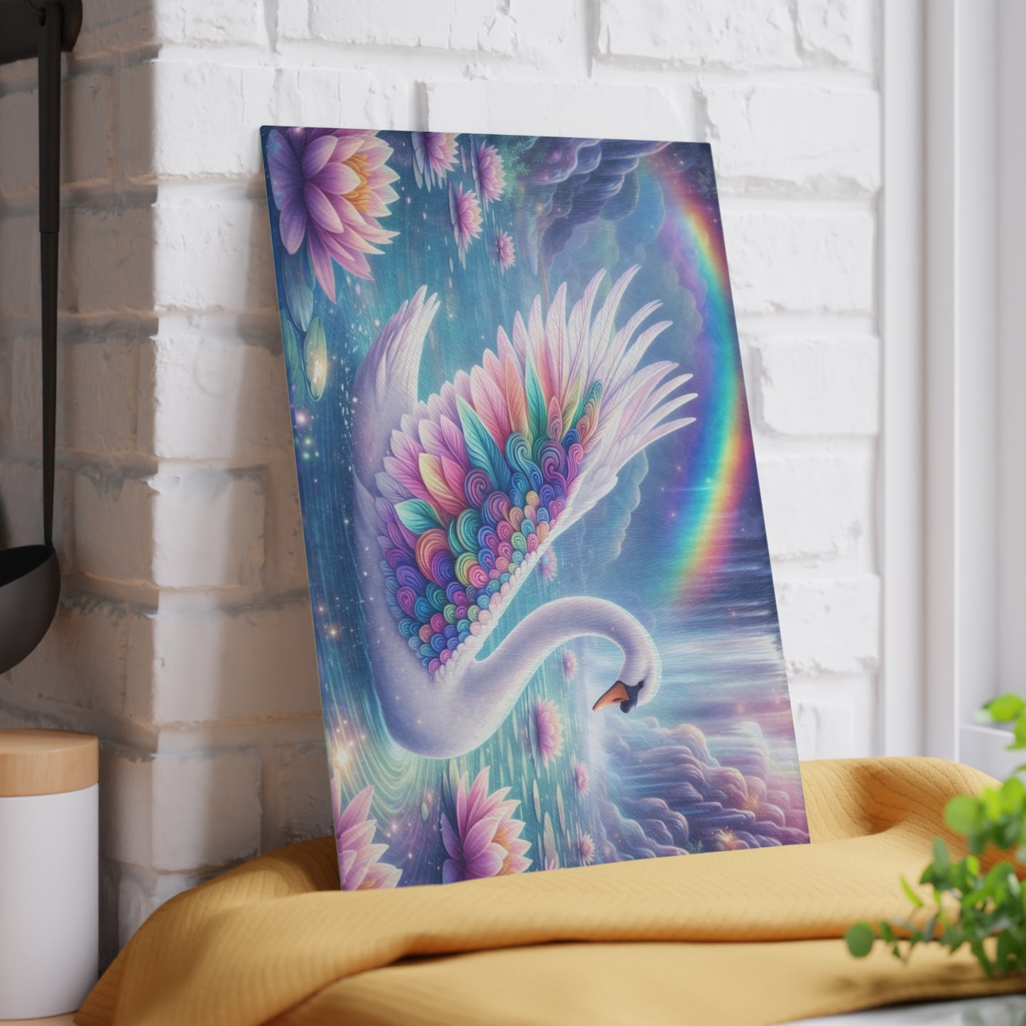 Rainbow Swan Fantasy Glass Cutting Board – Dreamy Water Garden Kitchen Art