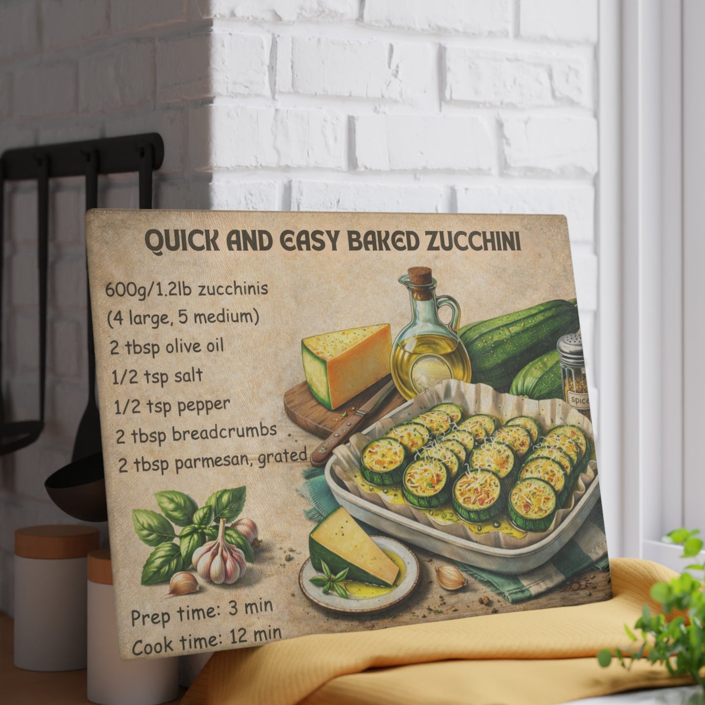 Quick and Easy Baked Zucchini Glass Cutting Board – Simple Oven Recipe Kitchen Art