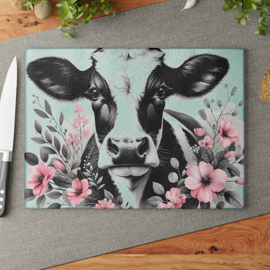 🐄 Blush & Bold Cow Cutting Board – Elegant Florals Meet Farmhouse Chic