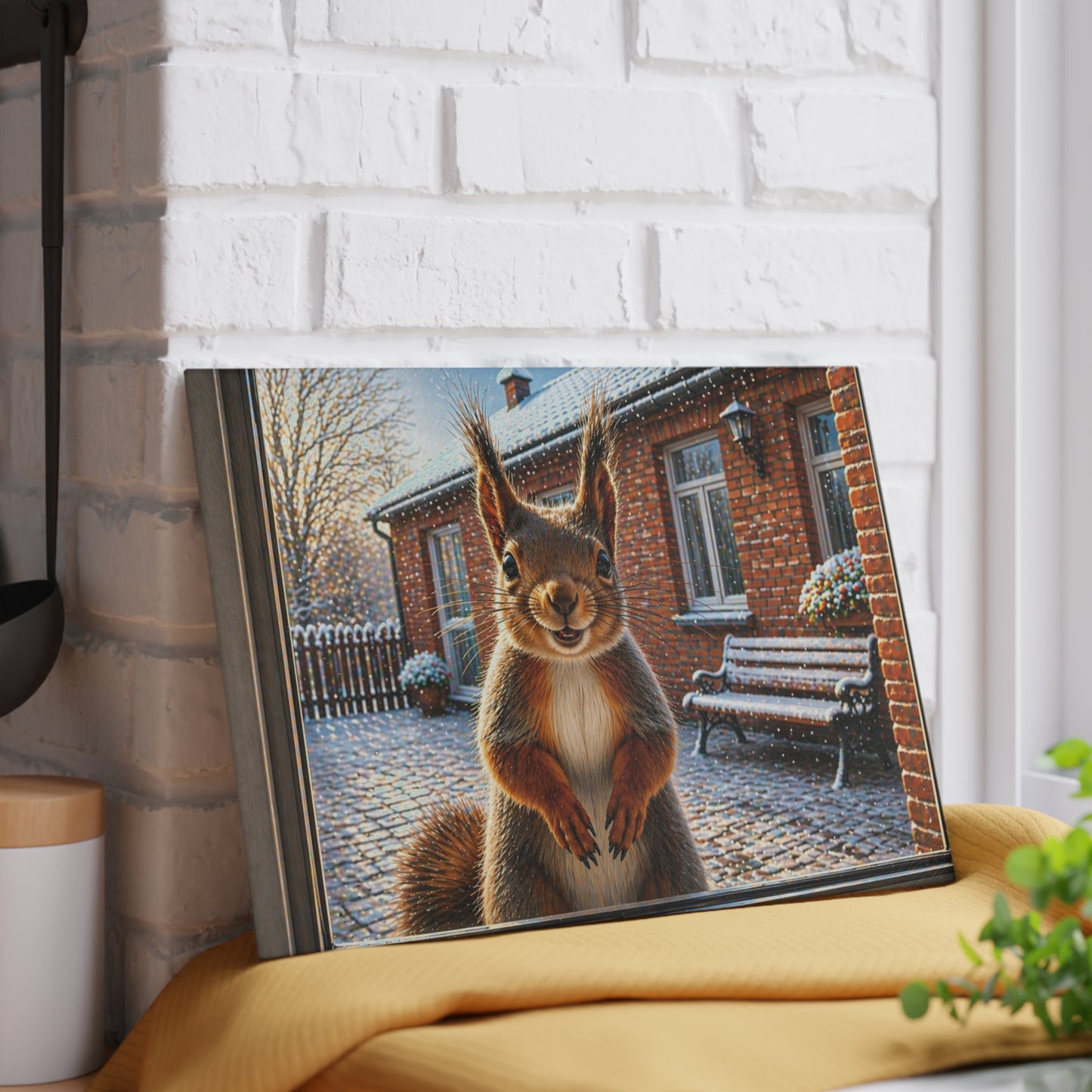 Winter Squirrel Window Glass Cutting Board