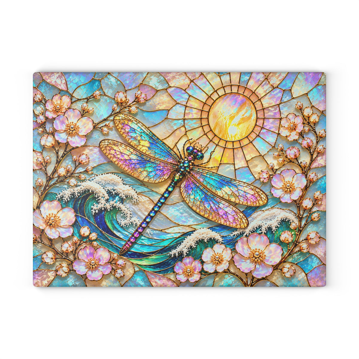 Stained-Glass-Inspired Dragonfly Cutting Board – Iridescent Rainbow Wings, Cherry Blossoms, Ocean Waves & Golden Sun Kitchen Décor