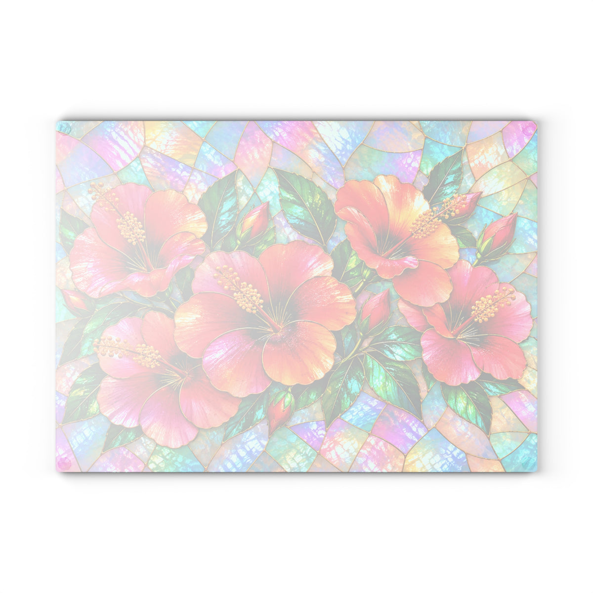 Stained-Glass-Inspired Tropical Hibiscus Cutting Board – Vibrant Pink & Orange Flowers, Iridescent Mosaic Background & Botanical Kitchen Décor